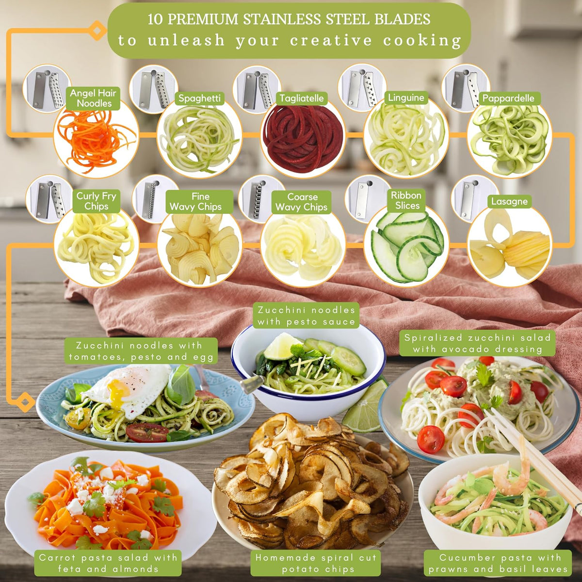 10-Blade Vegetable Spiralizer: Zoodle Maker & Veggie Noodle Maker, Potato String & Curly Fry Cutter, Japanese Steel Blades, Catch Container, Strong Suction Pad, 4 eBooks | Keto, Vegan, Paleo