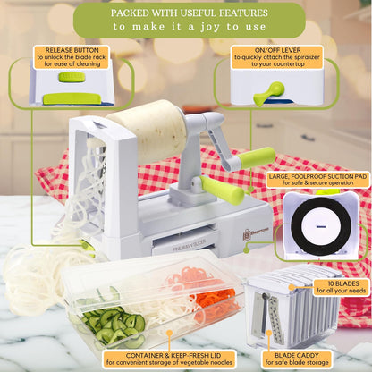 10-Blade Vegetable Spiralizer: Zoodle Maker & Veggie Noodle Maker, Potato String & Curly Fry Cutter, Japanese Steel Blades, Catch Container, Strong Suction Pad, 4 eBooks | Keto, Vegan, Paleo