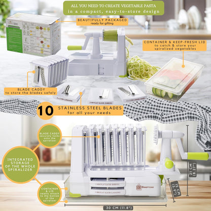 10-Blade Vegetable Spiralizer: Zoodle Maker & Veggie Noodle Maker, Potato String & Curly Fry Cutter, Japanese Steel Blades, Catch Container, Strong Suction Pad, 4 eBooks | Keto, Vegan, Paleo
