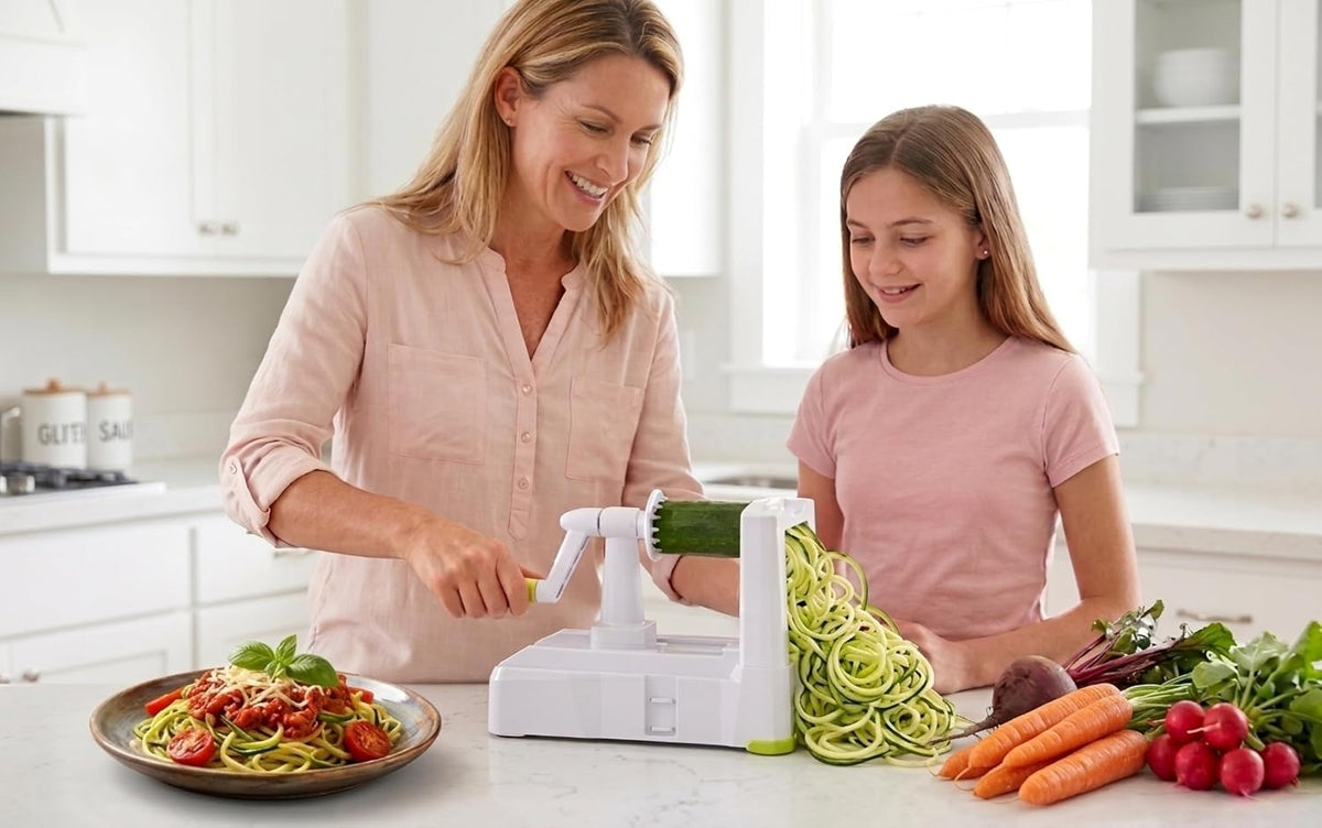 10-Blade Vegetable Spiralizer: Zoodle Maker & Veggie Noodle Maker, Potato String & Curly Fry Cutter, Japanese Steel Blades, Catch Container, Strong Suction Pad, 4 eBooks | Keto, Vegan, Paleo