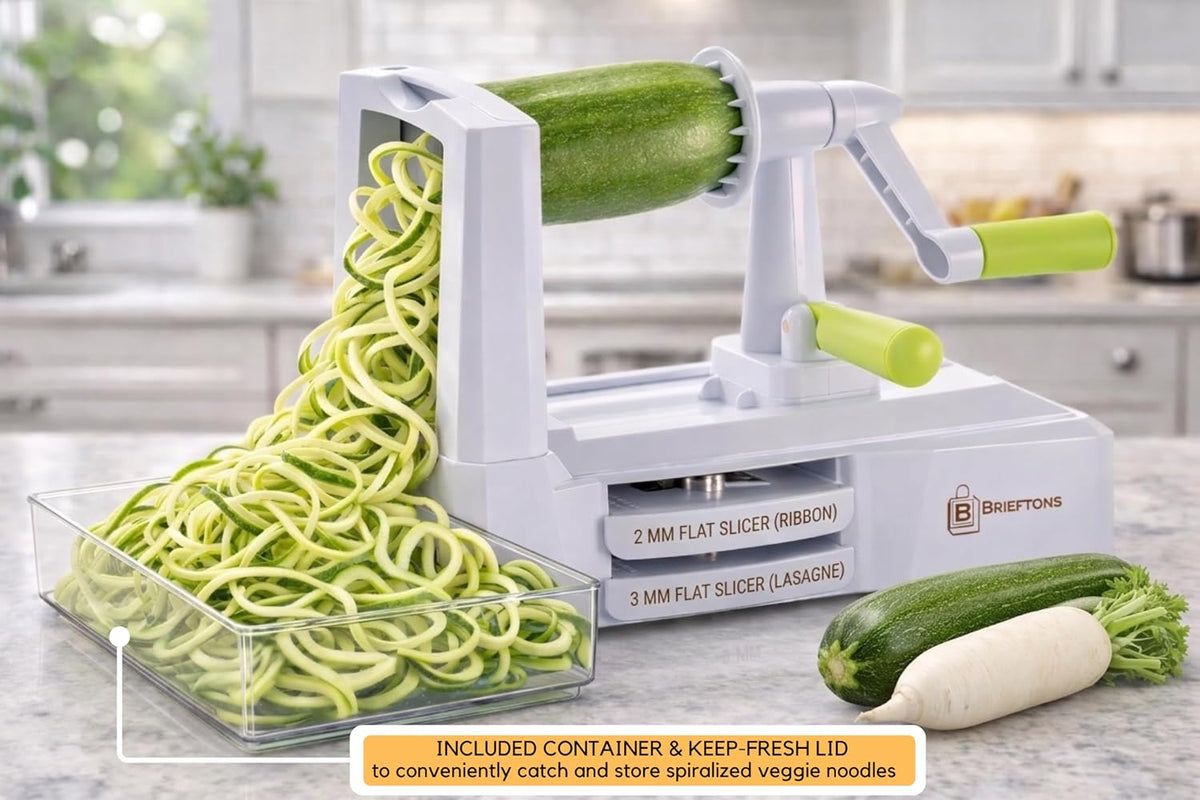 10-Blade Vegetable Spiralizer: Zoodle Maker & Veggie Noodle Maker, Potato String & Curly Fry Cutter, Japanese Steel Blades, Catch Container, Strong Suction Pad, 4 eBooks | Keto, Vegan, Paleo