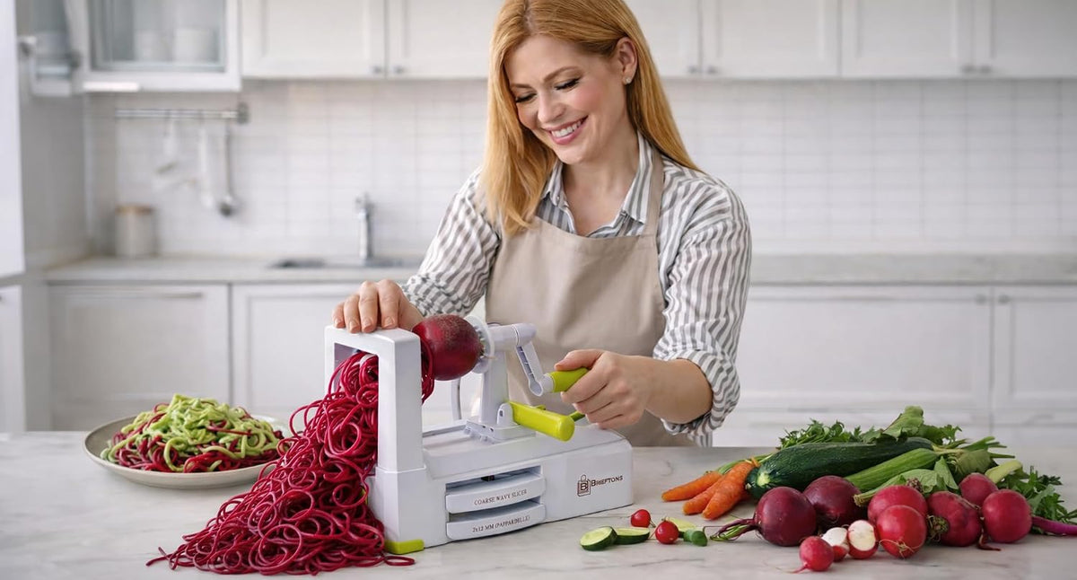 10-Blade Vegetable Spiralizer: Zoodle Maker & Veggie Noodle Maker, Potato String & Curly Fry Cutter, Japanese Steel Blades, Catch Container, Strong Suction Pad, 4 eBooks | Keto, Vegan, Paleo