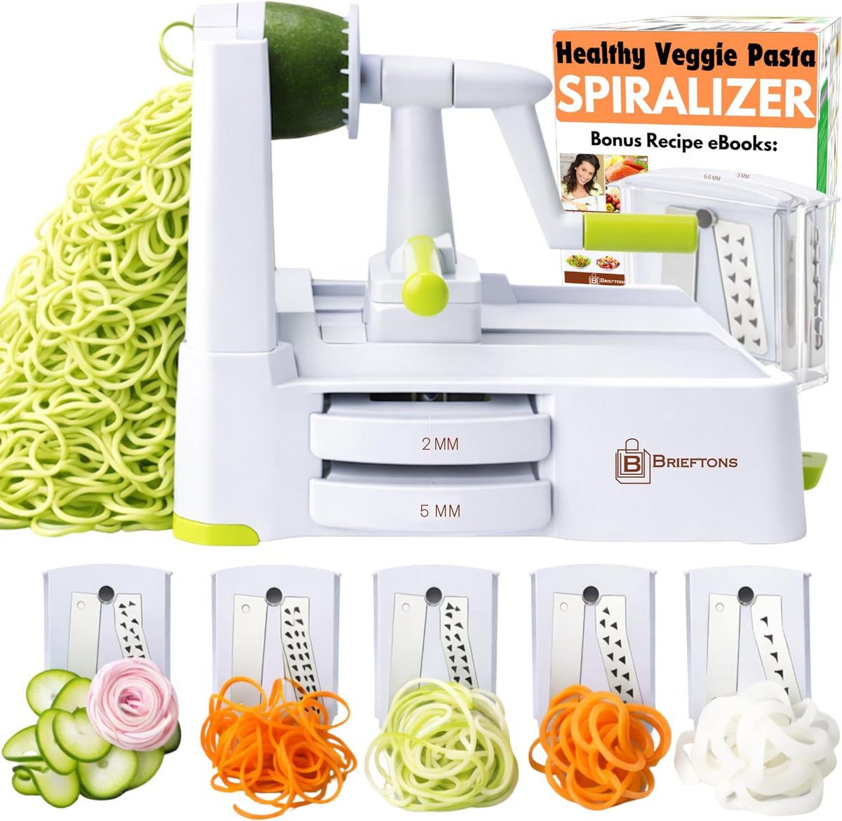 10-Blade Vegetable Spiralizer: Zoodle Maker & Veggie Noodle Maker, Potato String & Curly Fry Cutter, Japanese Steel Blades, Catch Container, Strong Suction Pad, 4 eBooks | Keto, Vegan, Paleo