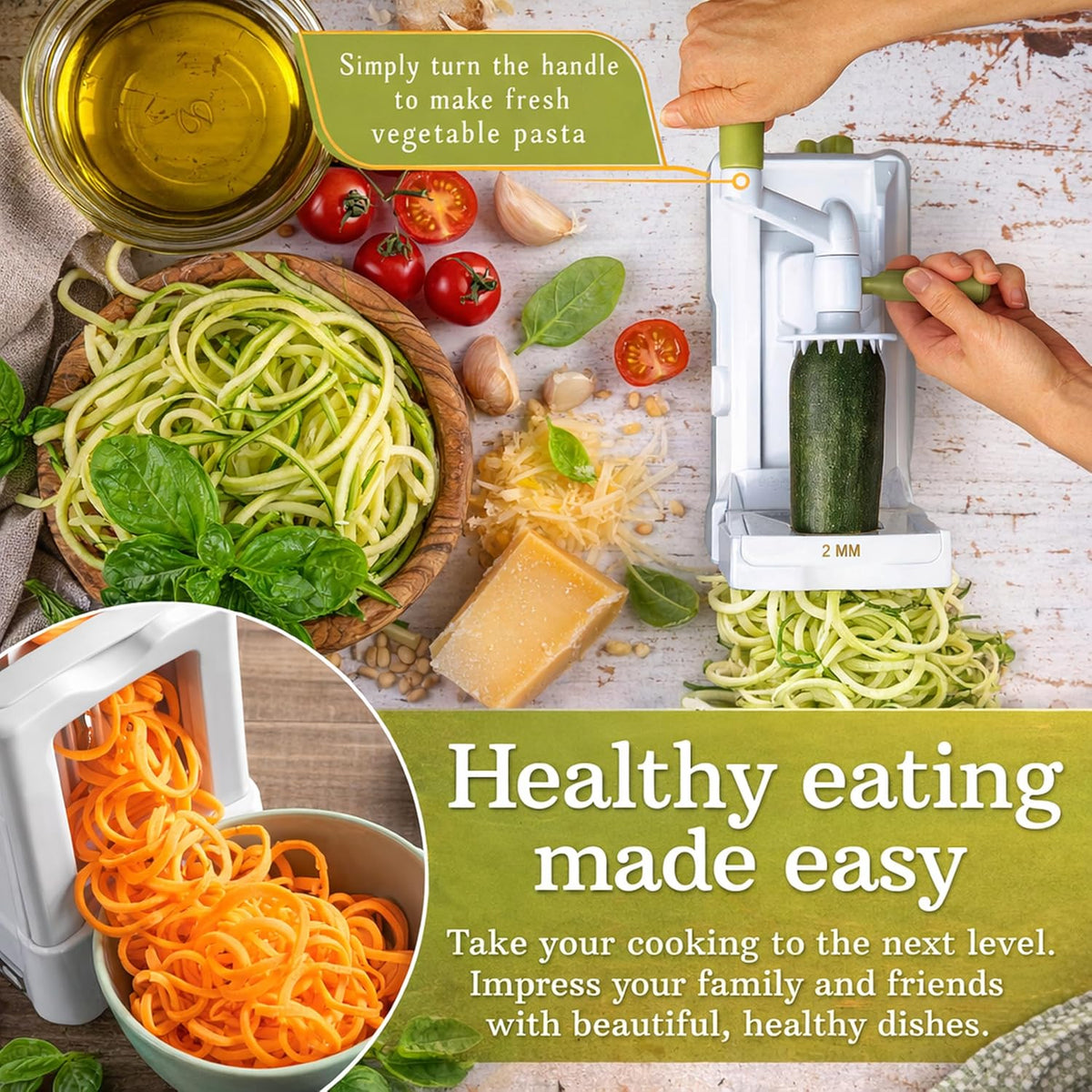 10-Blade Vegetable Spiralizer: Zoodle Maker & Veggie Noodle Maker, Potato String & Curly Fry Cutter, Japanese Steel Blades, Catch Container, Strong Suction Pad, 4 eBooks | Keto, Vegan, Paleo