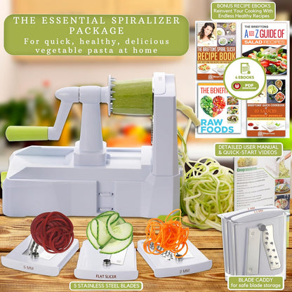 10-Blade Vegetable Spiralizer: Zoodle Maker & Veggie Noodle Maker, Potato String & Curly Fry Cutter, Japanese Steel Blades, Catch Container, Strong Suction Pad, 4 eBooks | Keto, Vegan, Paleo