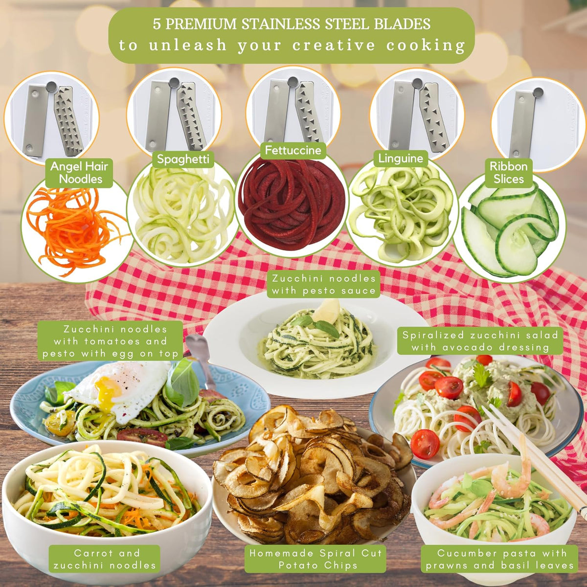10-Blade Vegetable Spiralizer: Zoodle Maker & Veggie Noodle Maker, Potato String & Curly Fry Cutter, Japanese Steel Blades, Catch Container, Strong Suction Pad, 4 eBooks | Keto, Vegan, Paleo