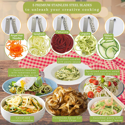10-Blade Vegetable Spiralizer: Zoodle Maker & Veggie Noodle Maker, Potato String & Curly Fry Cutter, Japanese Steel Blades, Catch Container, Strong Suction Pad, 4 eBooks | Keto, Vegan, Paleo