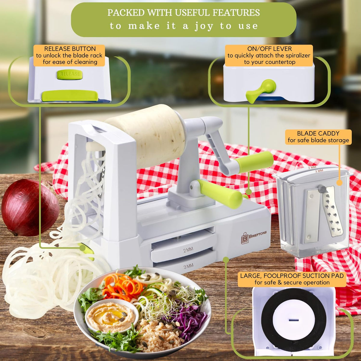 10-Blade Vegetable Spiralizer: Zoodle Maker & Veggie Noodle Maker, Potato String & Curly Fry Cutter, Japanese Steel Blades, Catch Container, Strong Suction Pad, 4 eBooks | Keto, Vegan, Paleo