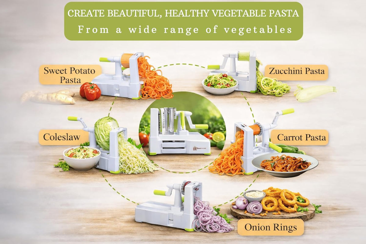 10-Blade Vegetable Spiralizer: Zoodle Maker & Veggie Noodle Maker, Potato String & Curly Fry Cutter, Japanese Steel Blades, Catch Container, Strong Suction Pad, 4 eBooks | Keto, Vegan, Paleo