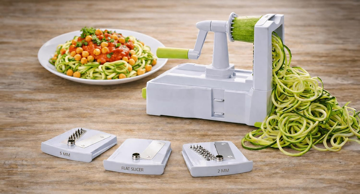 10-Blade Vegetable Spiralizer: Zoodle Maker & Veggie Noodle Maker, Potato String & Curly Fry Cutter, Japanese Steel Blades, Catch Container, Strong Suction Pad, 4 eBooks | Keto, Vegan, Paleo