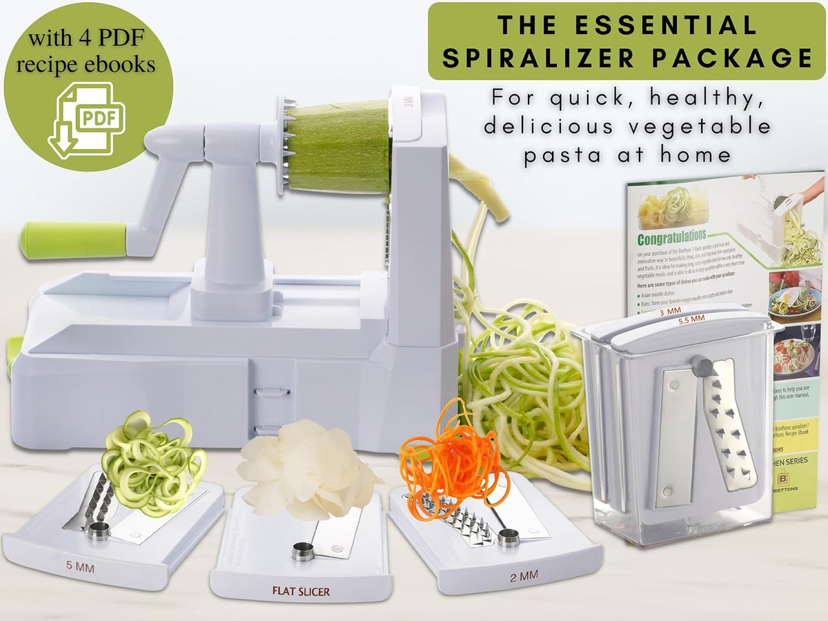 10-Blade Vegetable Spiralizer: Zoodle Maker & Veggie Noodle Maker, Potato String & Curly Fry Cutter, Japanese Steel Blades, Catch Container, Strong Suction Pad, 4 eBooks | Keto, Vegan, Paleo