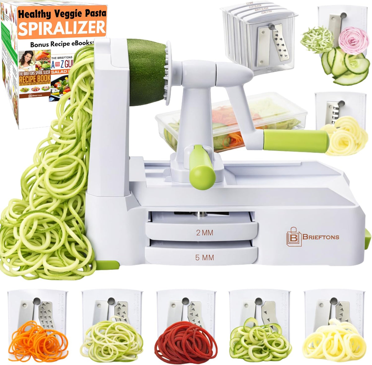 10-Blade Vegetable Spiralizer: Zoodle Maker & Veggie Noodle Maker, Potato String & Curly Fry Cutter, Japanese Steel Blades, Catch Container, Strong Suction Pad, 4 eBooks | Keto, Vegan, Paleo