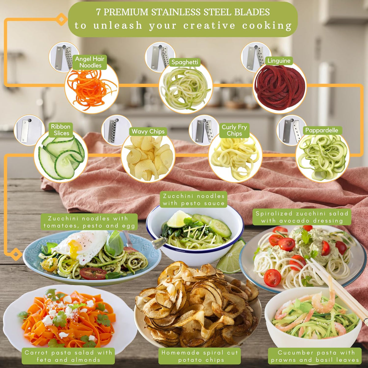 10-Blade Vegetable Spiralizer: Zoodle Maker & Veggie Noodle Maker, Potato String & Curly Fry Cutter, Japanese Steel Blades, Catch Container, Strong Suction Pad, 4 eBooks | Keto, Vegan, Paleo