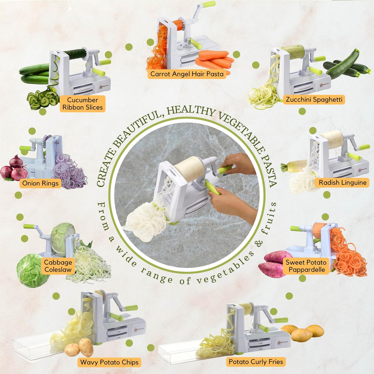 10-Blade Vegetable Spiralizer: Zoodle Maker & Veggie Noodle Maker, Potato String & Curly Fry Cutter, Japanese Steel Blades, Catch Container, Strong Suction Pad, 4 eBooks | Keto, Vegan, Paleo