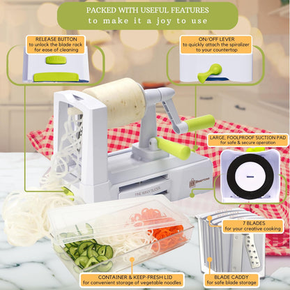 10-Blade Vegetable Spiralizer: Zoodle Maker & Veggie Noodle Maker, Potato String & Curly Fry Cutter, Japanese Steel Blades, Catch Container, Strong Suction Pad, 4 eBooks | Keto, Vegan, Paleo