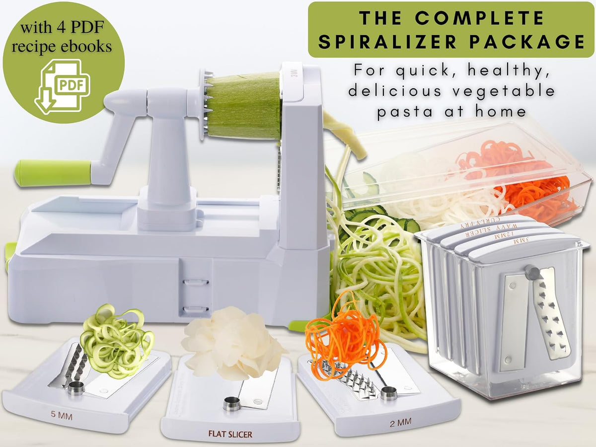 10-Blade Vegetable Spiralizer: Zoodle Maker & Veggie Noodle Maker, Potato String & Curly Fry Cutter, Japanese Steel Blades, Catch Container, Strong Suction Pad, 4 eBooks | Keto, Vegan, Paleo