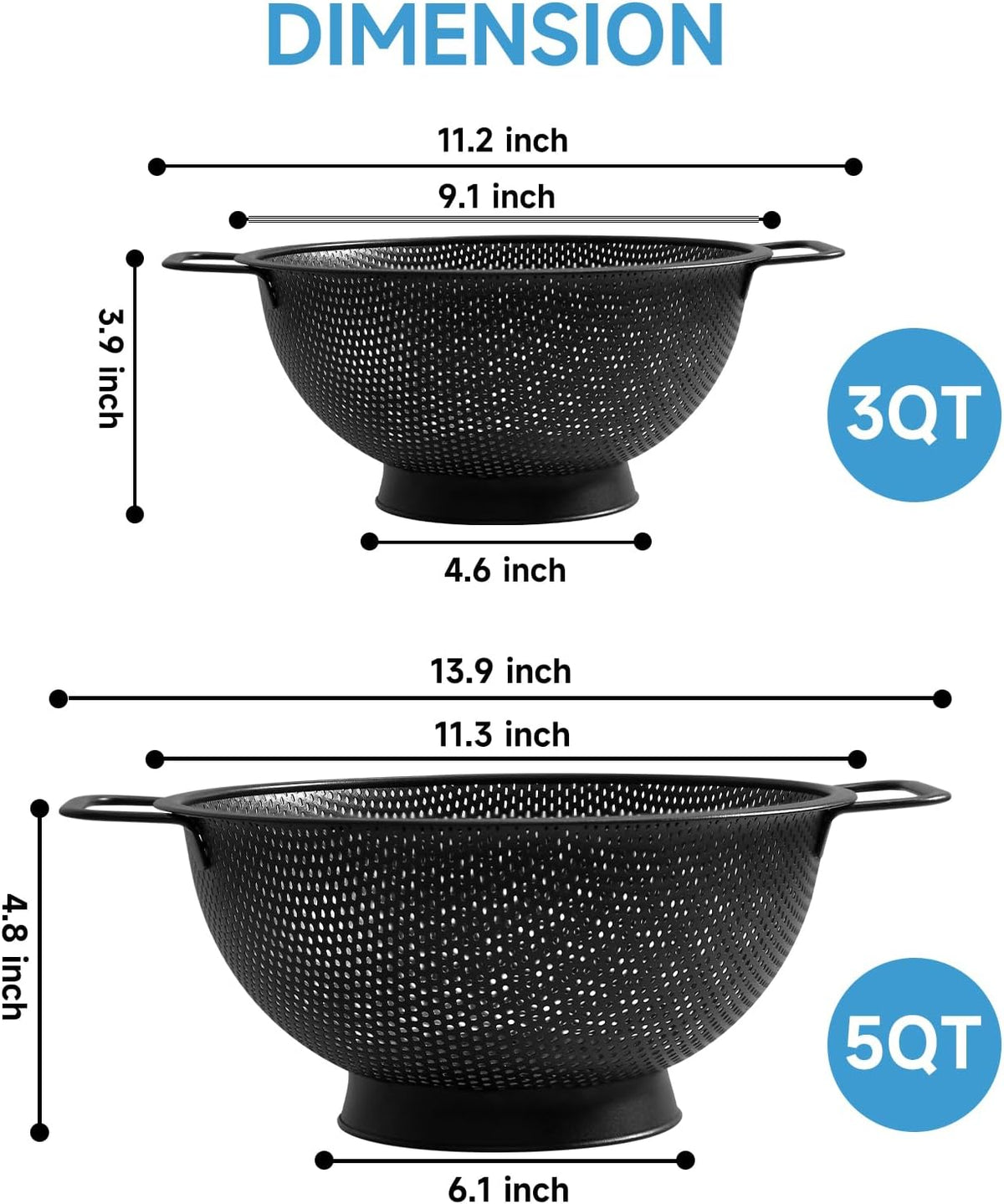 Black Colander for Kitchen, 3QT, Stainless Steel Pasta Strainer with Handle, Pasta Strainer for Fruits Vegetables Cooking Food, Dishwasher Safe