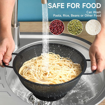 Black Colander for Kitchen, 3QT, Stainless Steel Pasta Strainer with Handle, Pasta Strainer for Fruits Vegetables Cooking Food, Dishwasher Safe