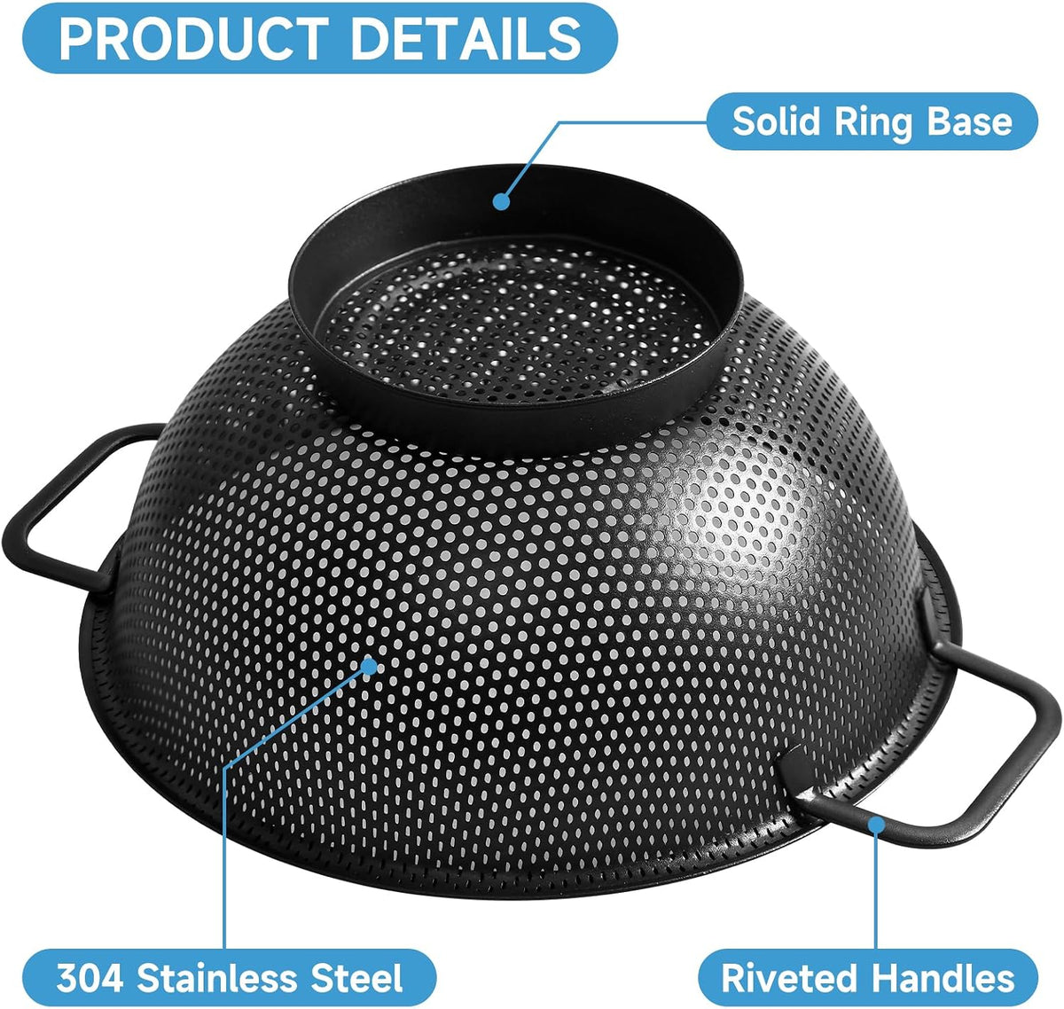 Black Colander for Kitchen, 3QT, Stainless Steel Pasta Strainer with Handle, Pasta Strainer for Fruits Vegetables Cooking Food, Dishwasher Safe