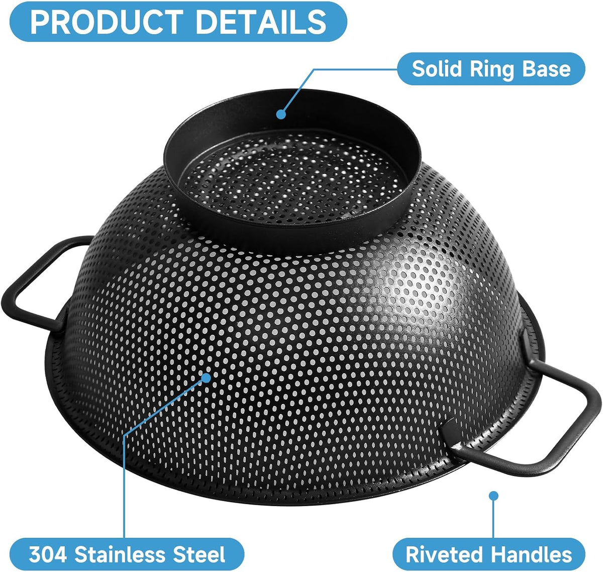 Black Colander for Kitchen, 3QT, Stainless Steel Pasta Strainer with Handle, Pasta Strainer for Fruits Vegetables Cooking Food, Dishwasher Safe