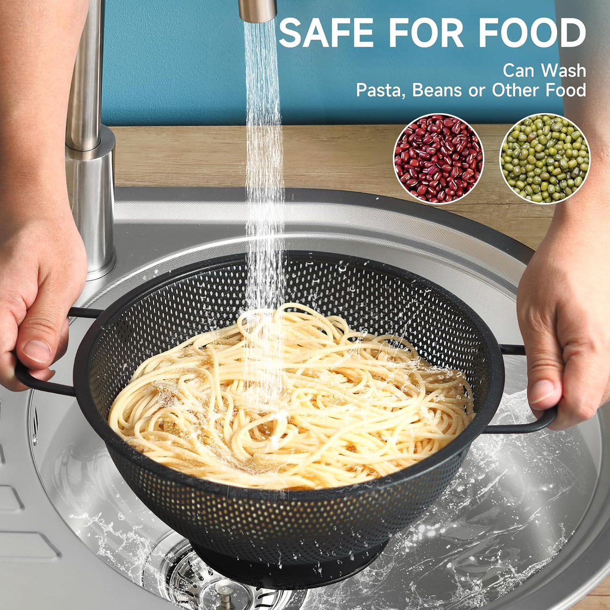 Black Colander for Kitchen, 3QT, Stainless Steel Pasta Strainer with Handle, Pasta Strainer for Fruits Vegetables Cooking Food, Dishwasher Safe