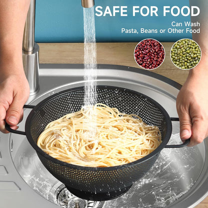 Black Colander for Kitchen, 3QT, Stainless Steel Pasta Strainer with Handle, Pasta Strainer for Fruits Vegetables Cooking Food, Dishwasher Safe