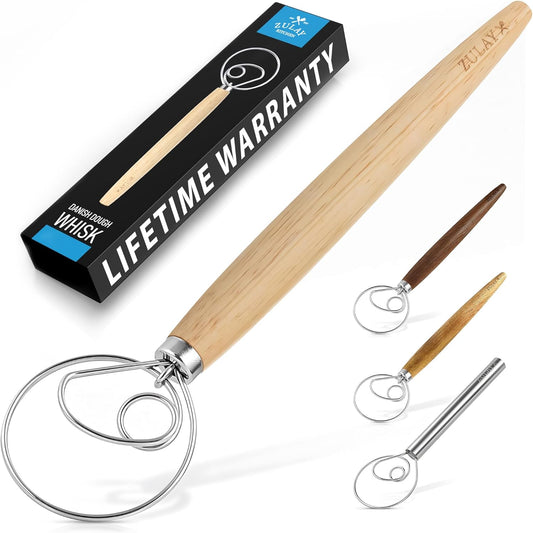 13-Inch Danish Dough Whisk - Stainless Steel Wooden Whisk with Dough Hook - Sourdough Whisk for Bread, Pizza, Pastry, Cake Batter & More - Wood