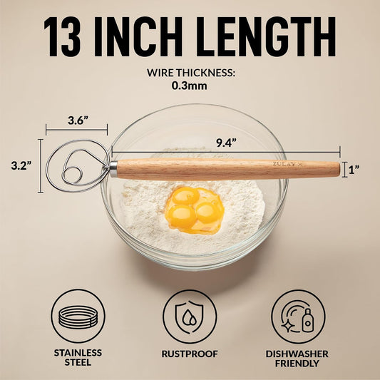 13-Inch Danish Dough Whisk - Stainless Steel Wooden Whisk with Dough Hook - Sourdough Whisk for Bread, Pizza, Pastry, Cake Batter & More - Wood