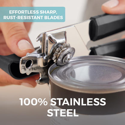 Slip Resistant Stainless Steel Manual Can Opener, Sharp Blade for Smooth Edge Cuts, Easily Open Cans, Ergonomic Handles with Easy to Turn Knob, Built-In Bottle Openers, Pitch Black