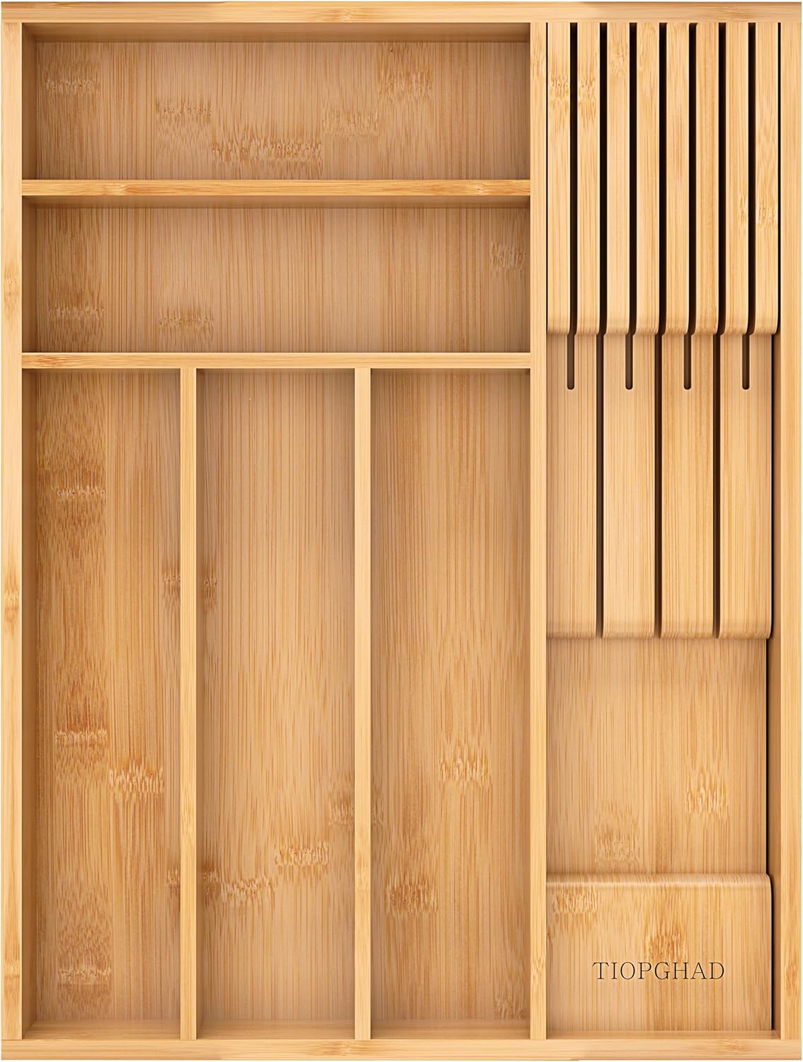 Small Bamboo Silverware Organizer Kitchen Utensil Tray, Natural | Removable Knife Block, Holds 7 Knives, Adjustable Dividers, 15.6 x 12 x 1.8 in, Drawer Insert for Utensils, Forks