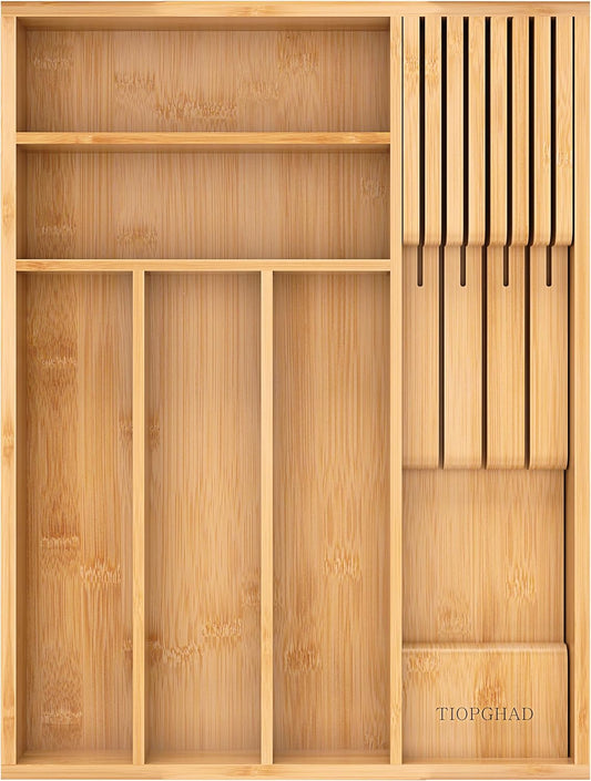 Small Bamboo Silverware Organizer Kitchen Utensil Tray, Natural | Removable Knife Block, Holds 7 Knives, Adjustable Dividers, 15.6 x 12 x 1.8 in, Drawer Insert for Utensils, Forks