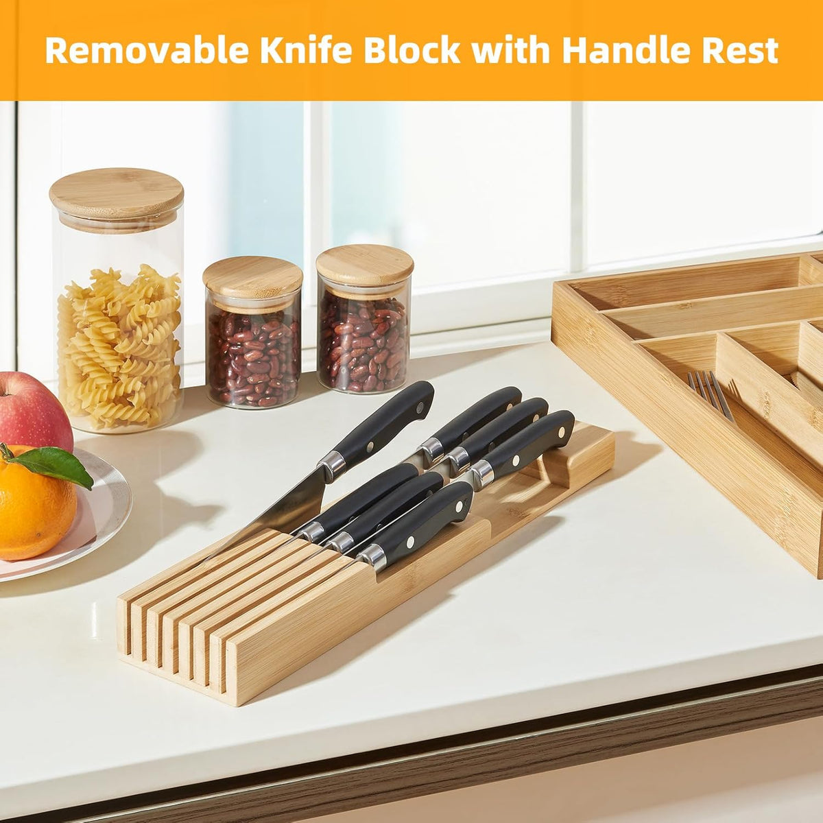 Small Bamboo Silverware Organizer Kitchen Utensil Tray, Natural | Removable Knife Block, Holds 7 Knives, Adjustable Dividers, 15.6 x 12 x 1.8 in, Drawer Insert for Utensils, Forks