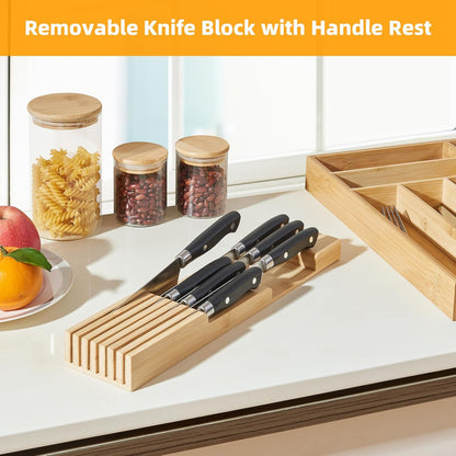 Small Bamboo Silverware Organizer Kitchen Utensil Tray, Natural | Removable Knife Block, Holds 7 Knives, Adjustable Dividers, 15.6 x 12 x 1.8 in, Drawer Insert for Utensils, Forks