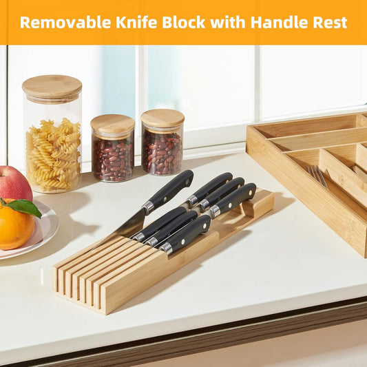 Small Bamboo Silverware Organizer Kitchen Utensil Tray, Natural | Removable Knife Block, Holds 7 Knives, Adjustable Dividers, 15.6 x 12 x 1.8 in, Drawer Insert for Utensils, Forks