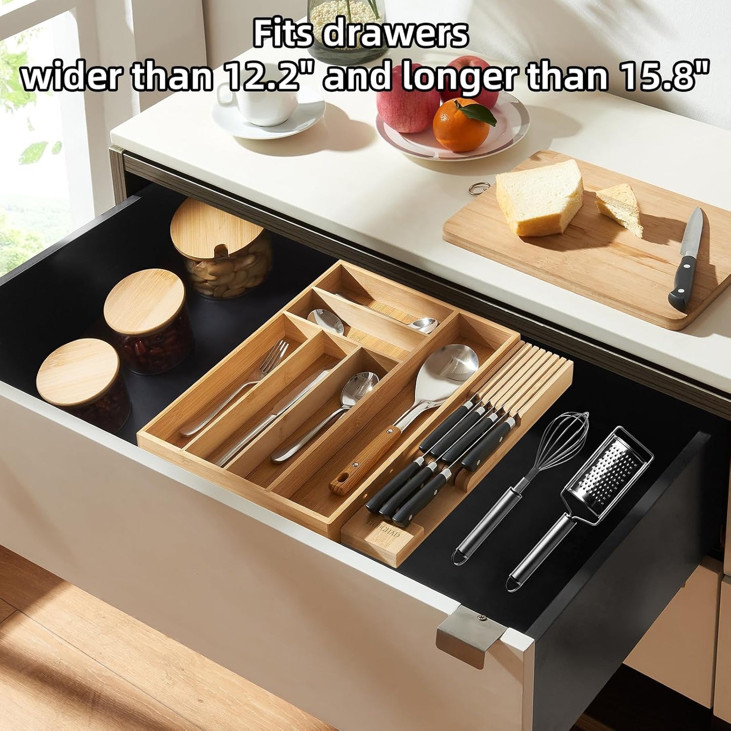 Small Bamboo Silverware Organizer Kitchen Utensil Tray, Natural | Removable Knife Block, Holds 7 Knives, Adjustable Dividers, 15.6 x 12 x 1.8 in, Drawer Insert for Utensils, Forks