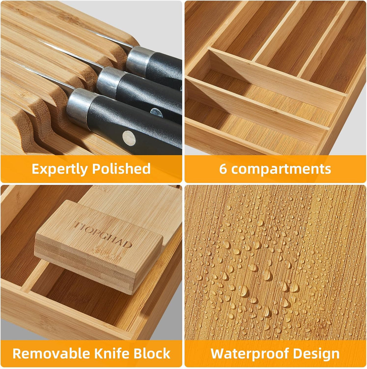 Small Bamboo Silverware Organizer Kitchen Utensil Tray, Natural | Removable Knife Block, Holds 7 Knives, Adjustable Dividers, 15.6 x 12 x 1.8 in, Drawer Insert for Utensils, Forks