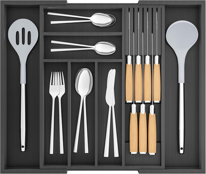Small Bamboo Silverware Organizer Kitchen Utensil Tray, Natural | Removable Knife Block, Holds 7 Knives, Adjustable Dividers, 15.6 x 12 x 1.8 in, Drawer Insert for Utensils, Forks