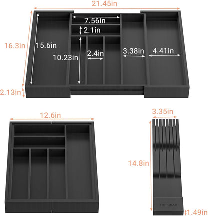 Small Bamboo Silverware Organizer Kitchen Utensil Tray, Natural | Removable Knife Block, Holds 7 Knives, Adjustable Dividers, 15.6 x 12 x 1.8 in, Drawer Insert for Utensils, Forks
