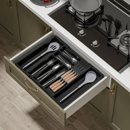 Small Bamboo Silverware Organizer Kitchen Utensil Tray, Natural | Removable Knife Block, Holds 7 Knives, Adjustable Dividers, 15.6 x 12 x 1.8 in, Drawer Insert for Utensils, Forks