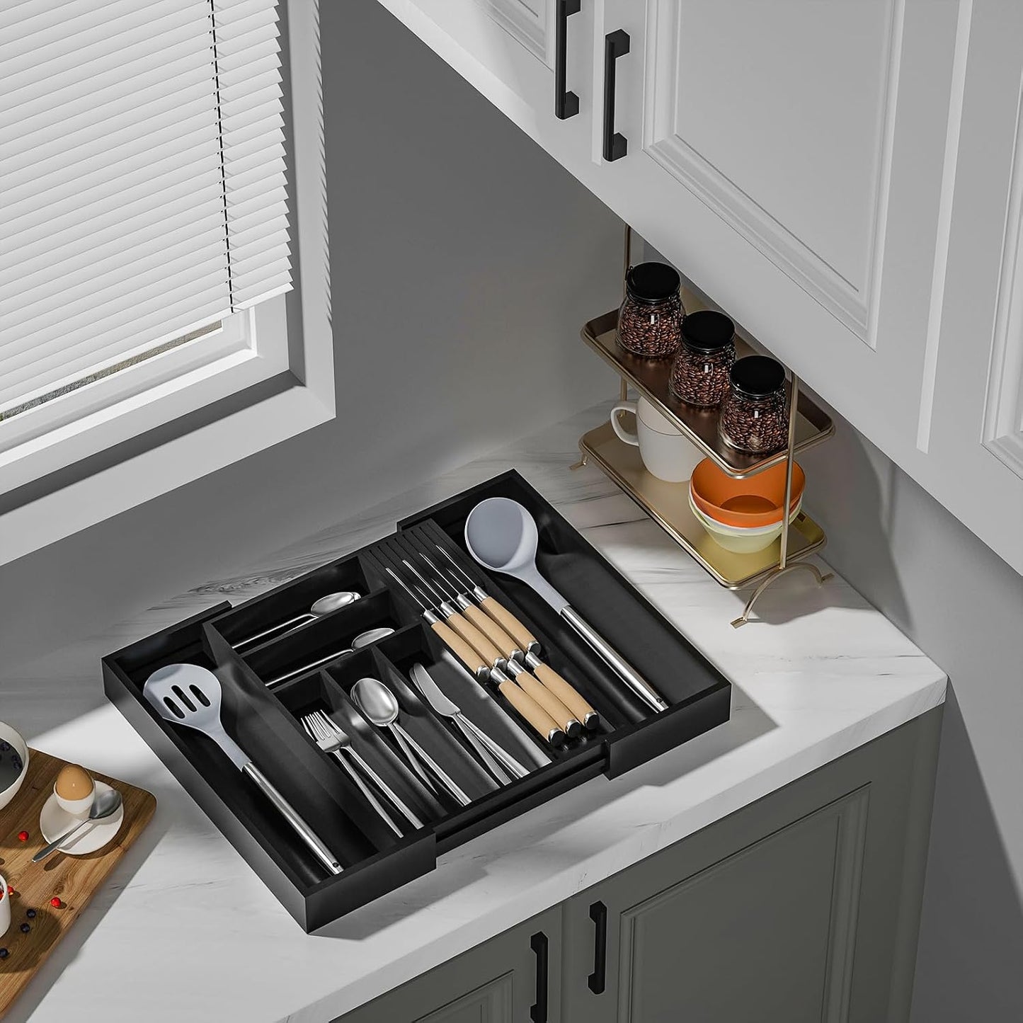 Small Bamboo Silverware Organizer Kitchen Utensil Tray, Natural | Removable Knife Block, Holds 7 Knives, Adjustable Dividers, 15.6 x 12 x 1.8 in, Drawer Insert for Utensils, Forks