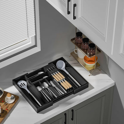 Small Bamboo Silverware Organizer Kitchen Utensil Tray, Natural | Removable Knife Block, Holds 7 Knives, Adjustable Dividers, 15.6 x 12 x 1.8 in, Drawer Insert for Utensils, Forks