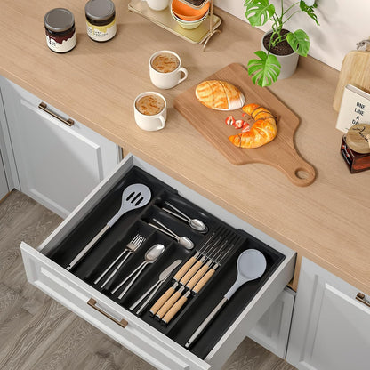 Small Bamboo Silverware Organizer Kitchen Utensil Tray, Natural | Removable Knife Block, Holds 7 Knives, Adjustable Dividers, 15.6 x 12 x 1.8 in, Drawer Insert for Utensils, Forks
