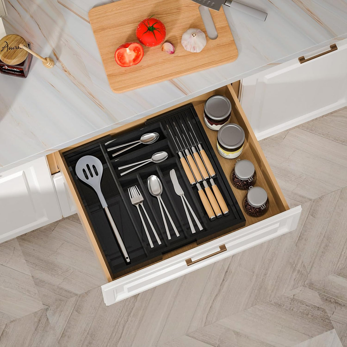 Small Bamboo Silverware Organizer Kitchen Utensil Tray, Natural | Removable Knife Block, Holds 7 Knives, Adjustable Dividers, 15.6 x 12 x 1.8 in, Drawer Insert for Utensils, Forks