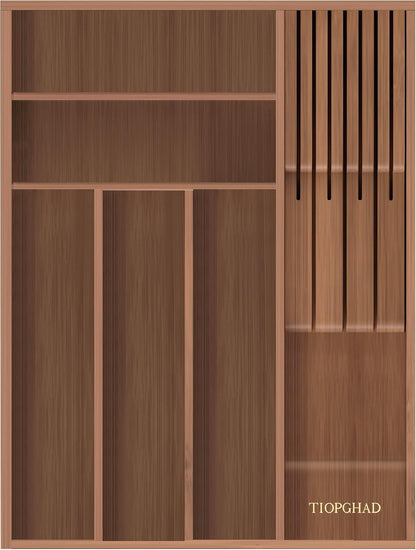 Small Bamboo Silverware Organizer Kitchen Utensil Tray, Natural | Removable Knife Block, Holds 7 Knives, Adjustable Dividers, 15.6 x 12 x 1.8 in, Drawer Insert for Utensils, Forks