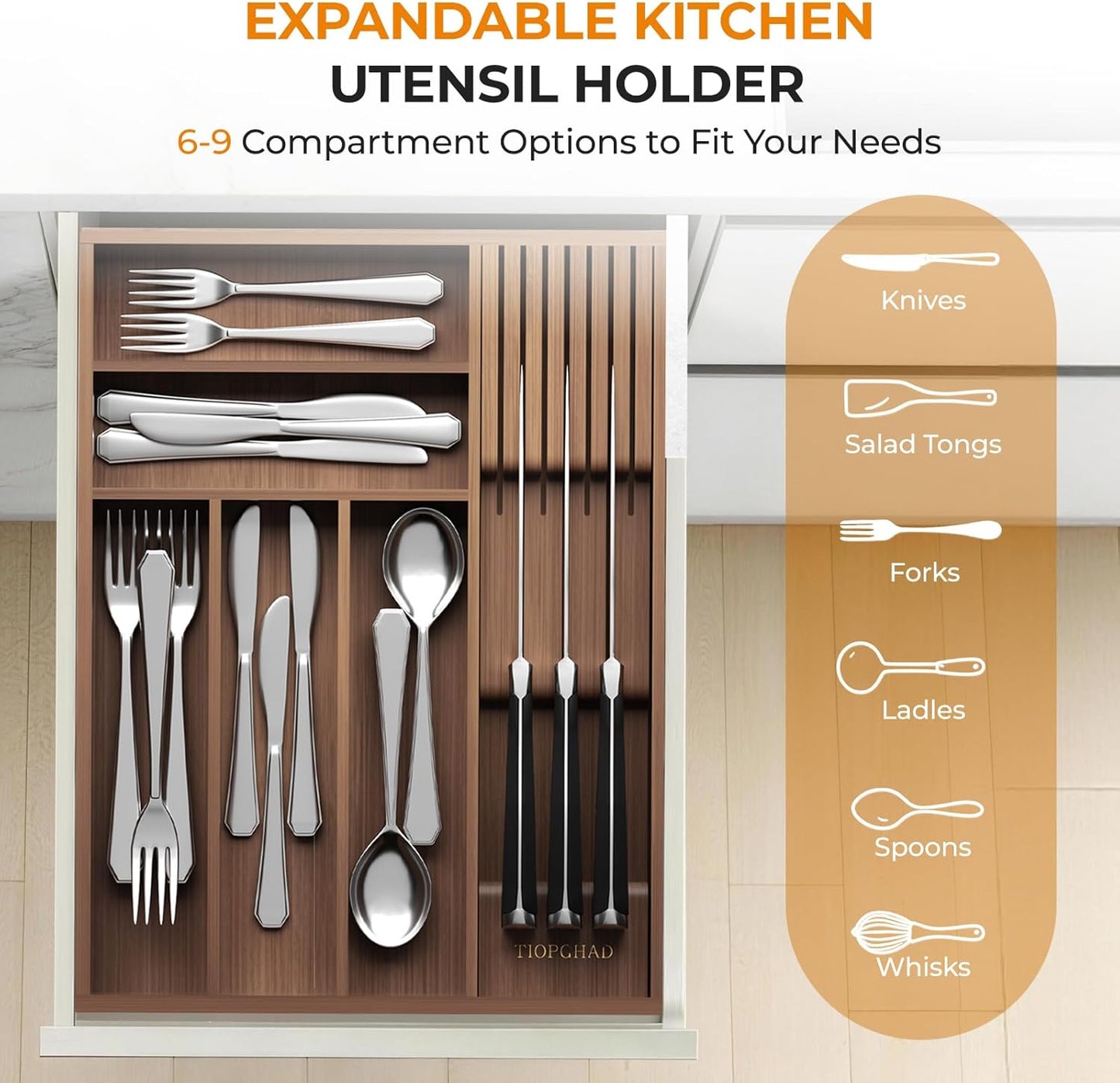 Small Bamboo Silverware Organizer Kitchen Utensil Tray, Natural | Removable Knife Block, Holds 7 Knives, Adjustable Dividers, 15.6 x 12 x 1.8 in, Drawer Insert for Utensils, Forks