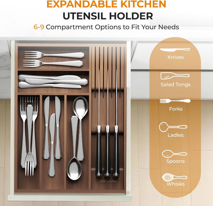 Small Bamboo Silverware Organizer Kitchen Utensil Tray, Natural | Removable Knife Block, Holds 7 Knives, Adjustable Dividers, 15.6 x 12 x 1.8 in, Drawer Insert for Utensils, Forks