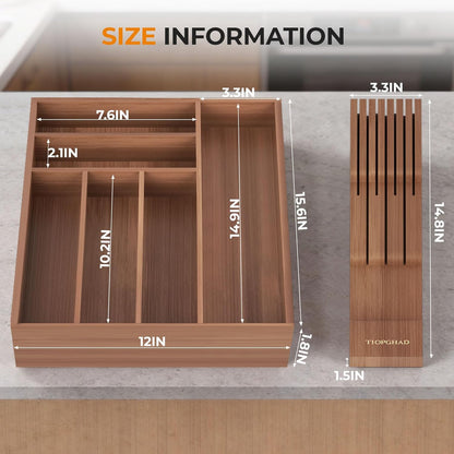 Small Bamboo Silverware Organizer Kitchen Utensil Tray, Natural | Removable Knife Block, Holds 7 Knives, Adjustable Dividers, 15.6 x 12 x 1.8 in, Drawer Insert for Utensils, Forks