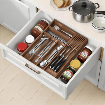 Small Bamboo Silverware Organizer Kitchen Utensil Tray, Natural | Removable Knife Block, Holds 7 Knives, Adjustable Dividers, 15.6 x 12 x 1.8 in, Drawer Insert for Utensils, Forks
