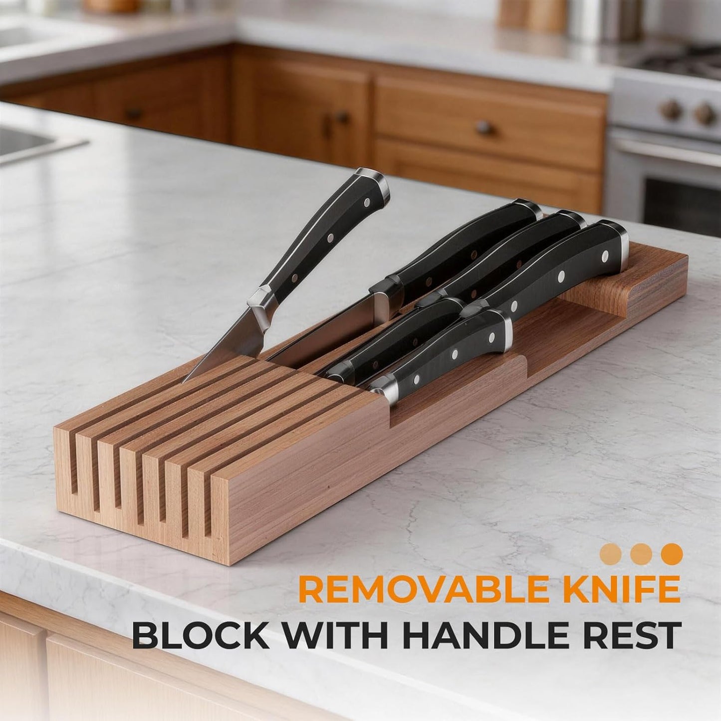 Small Bamboo Silverware Organizer Kitchen Utensil Tray, Natural | Removable Knife Block, Holds 7 Knives, Adjustable Dividers, 15.6 x 12 x 1.8 in, Drawer Insert for Utensils, Forks