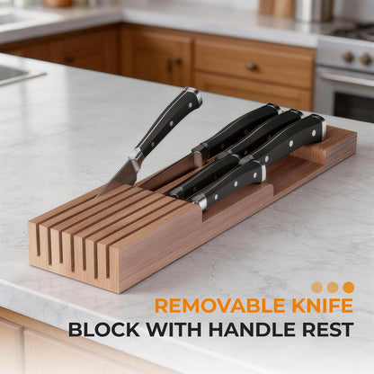 Small Bamboo Silverware Organizer Kitchen Utensil Tray, Natural | Removable Knife Block, Holds 7 Knives, Adjustable Dividers, 15.6 x 12 x 1.8 in, Drawer Insert for Utensils, Forks